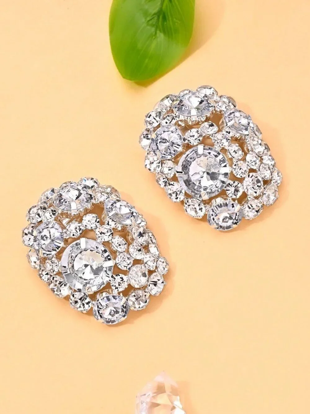 Silver Elegant Women's Oversized Clip-On Rhinestone Earrings